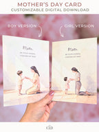 Printable Mother’s Day card Canva template mockup showing boy and girl versions, both featuring a watercolor mom kneeling and holding hands with a child, labeled “Boy Version” and “Girl Version.”