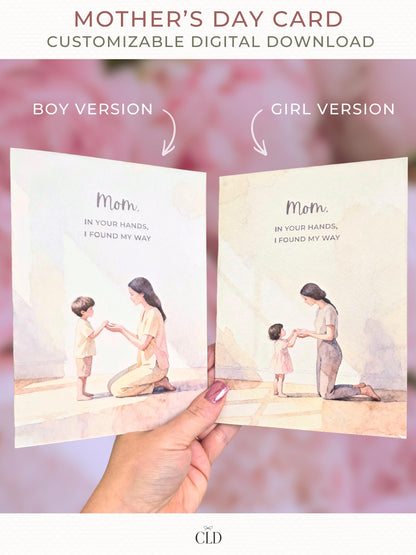 Printable Mother’s Day card Canva template mockup showing boy and girl versions, both featuring a watercolor mom kneeling and holding hands with a child, labeled “Boy Version” and “Girl Version.”