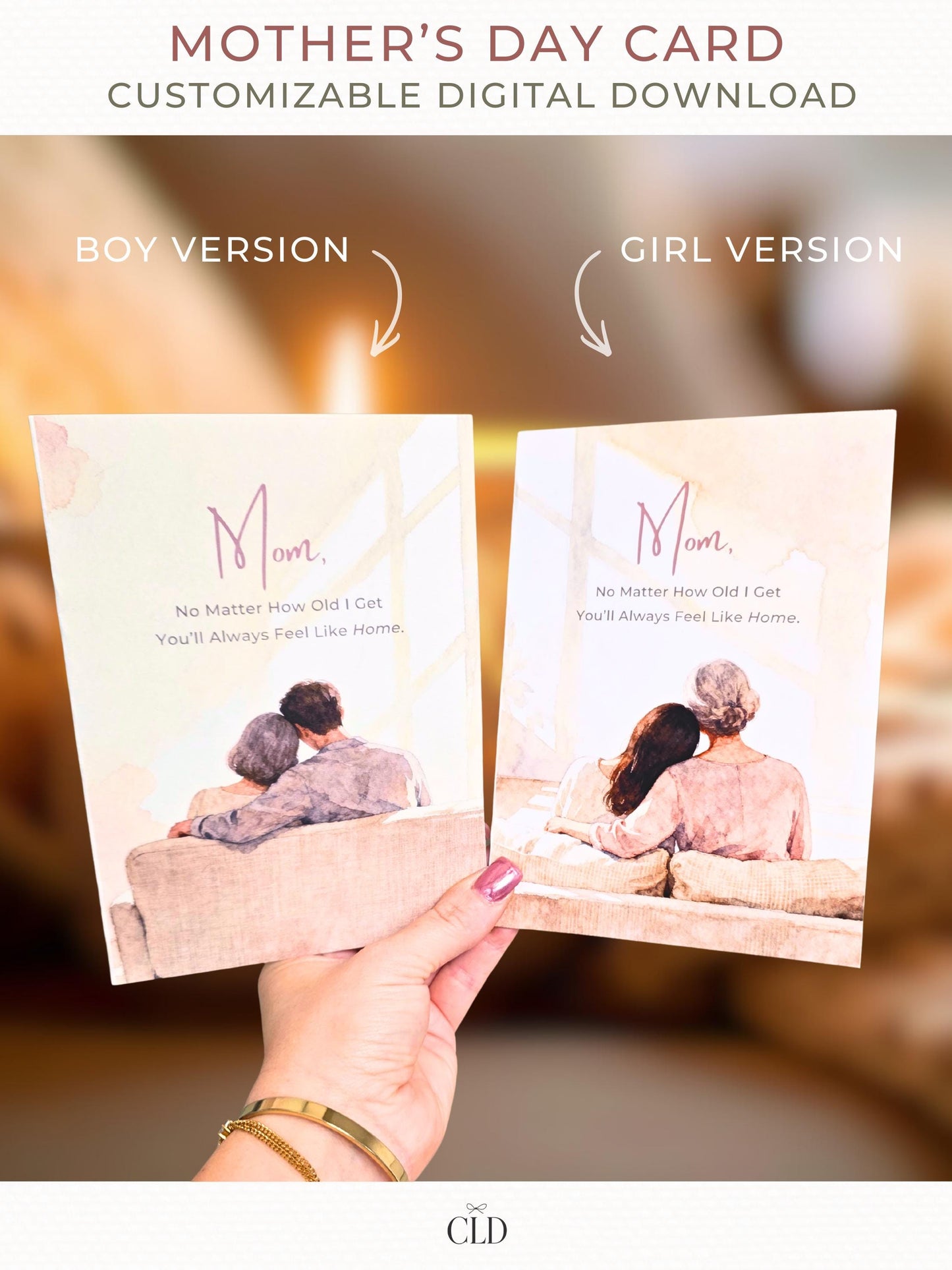 Mother’s Day card Canva template mockup showing boy and girl versions of a grown child leaning on their mom’s shoulder on a couch, with soft watercolor artwork and “Mom, No Matter How Old I Get You’ll Always Feel Like Home.” text.