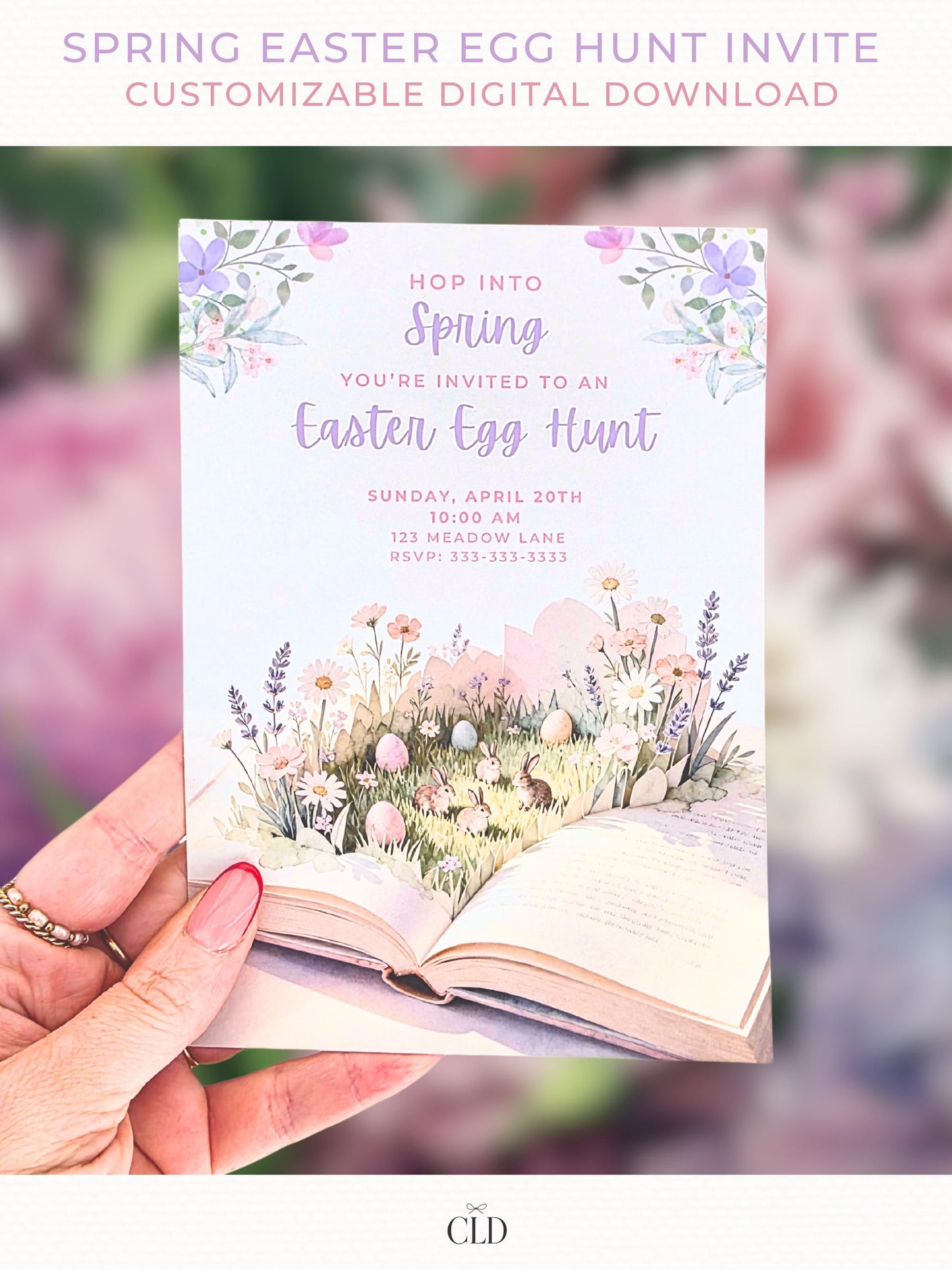 Spring Easter egg hunt invitation with pastel watercolor florals, bunnies, and Easter eggs emerging from an open storybook, editable Canva Easter invitation shown as printable and mobile digital design