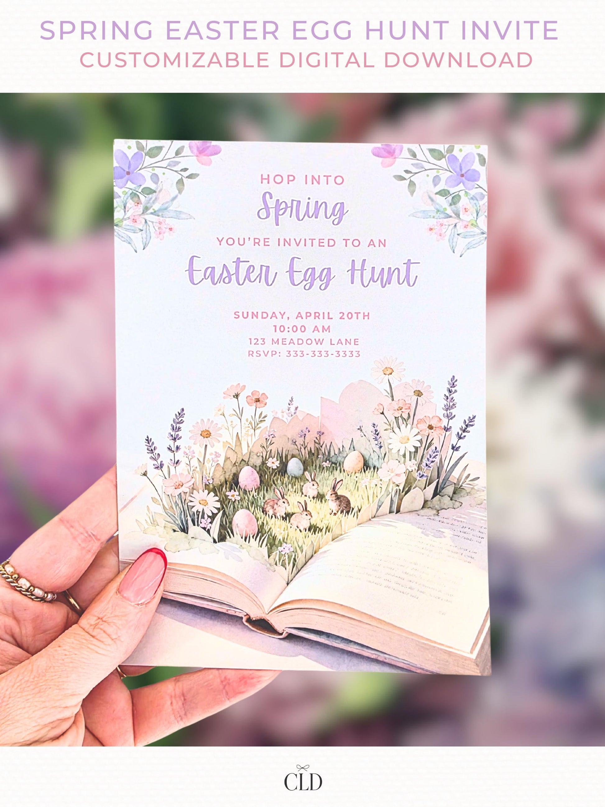 Spring Easter egg hunt invitation with pastel watercolor florals, bunnies, and Easter eggs emerging from an open storybook, editable Canva Easter invitation shown as printable and mobile digital design