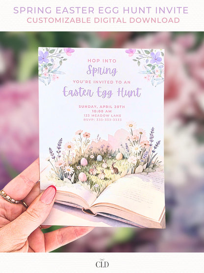 Spring Easter egg hunt invitation with pastel watercolor florals, bunnies, and Easter eggs emerging from an open storybook, editable Canva Easter invitation shown as printable and mobile digital design
