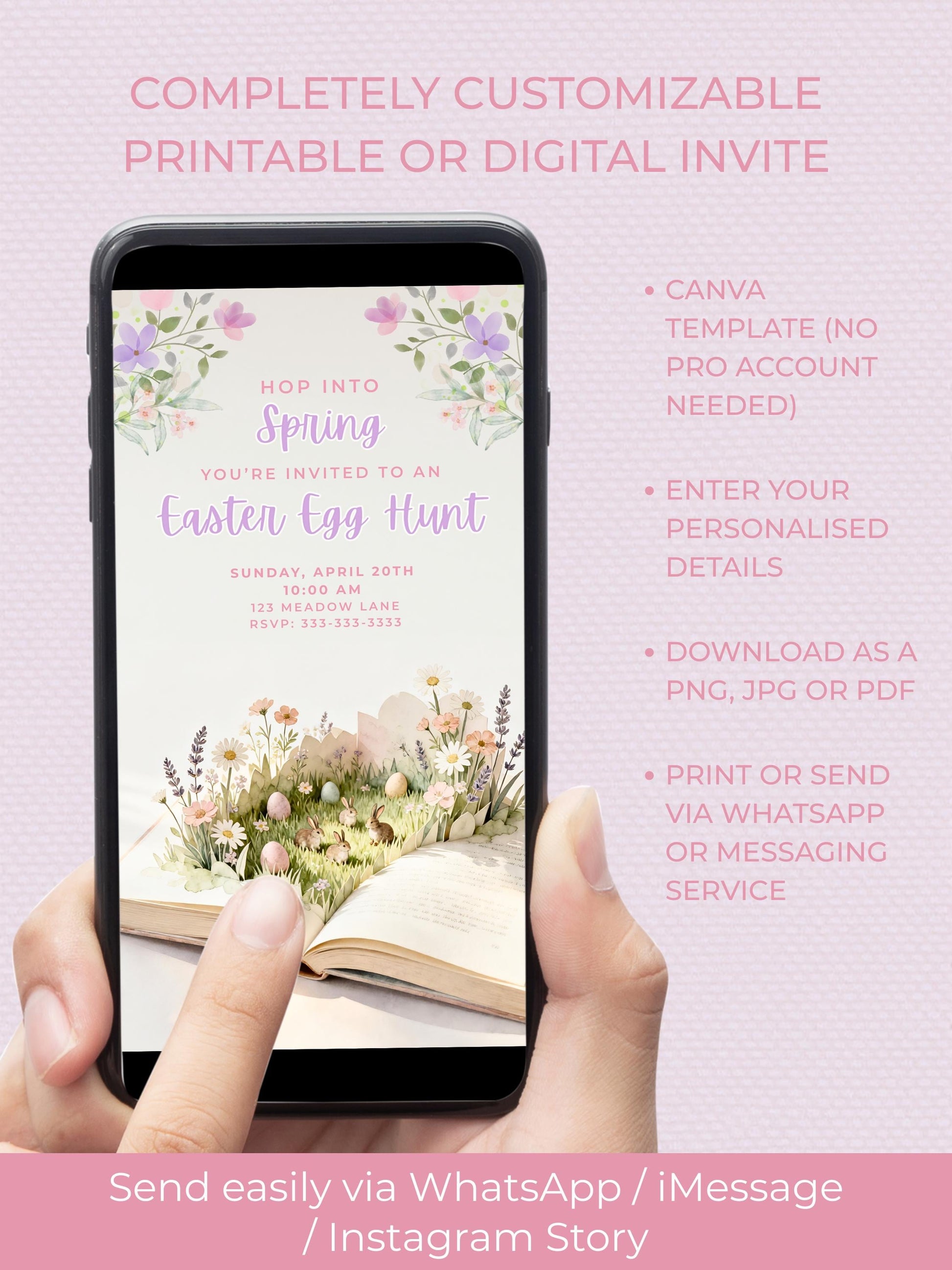 Printable Easter Egg Hunt Invitation - Spring Storybook Bunnies Evite (Editable Kids Party Canva Digital Template Invite)