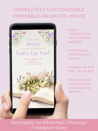 Printable Easter Egg Hunt Invitation - Spring Storybook Bunnies Evite (Editable Kids Party Canva Digital Template Invite)