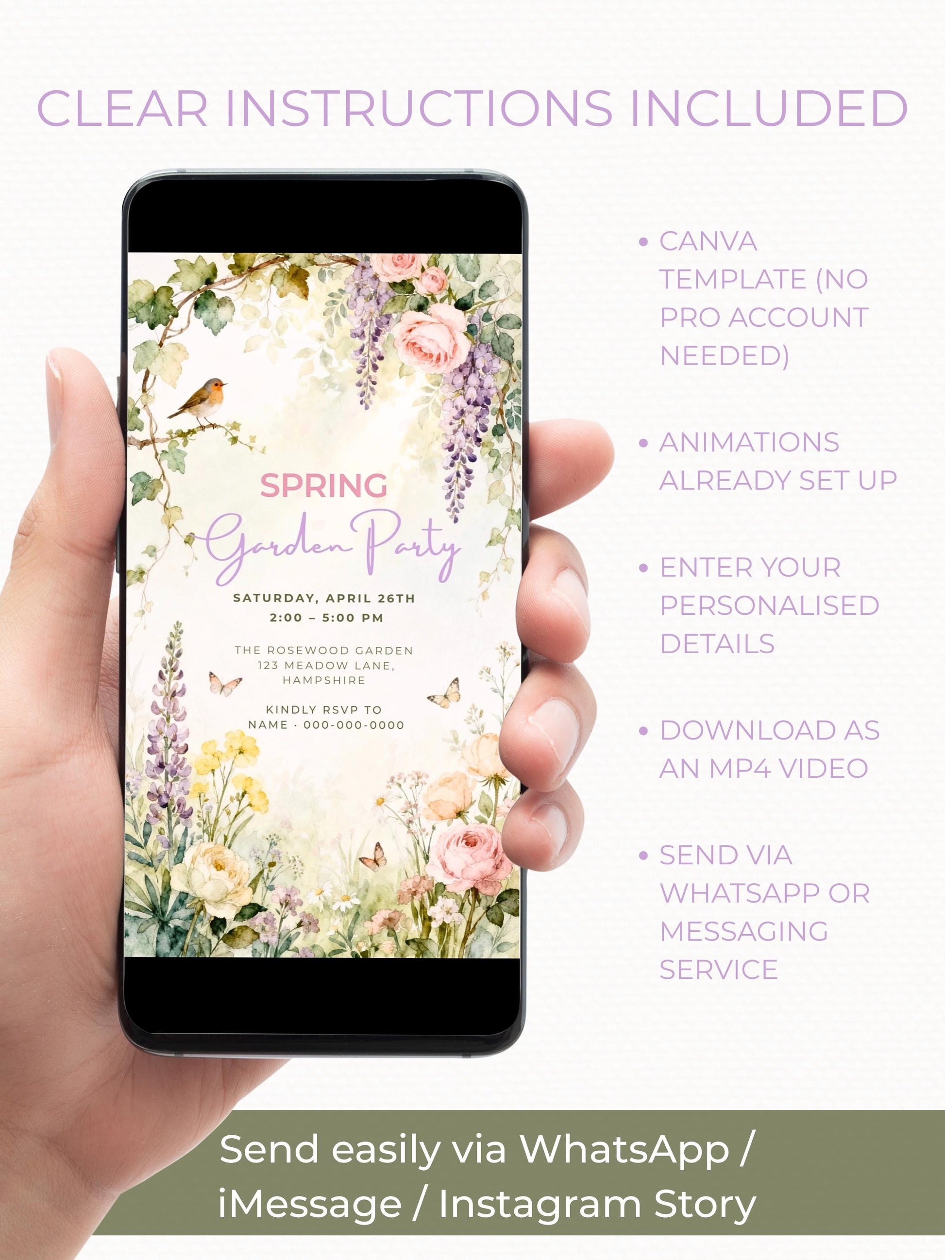Animated Spring Garden Party Evite - Floral Brunch/Lunch Celebration Video Invitation (Editable Canva Digital Invite Template)