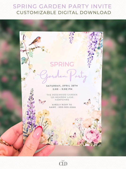 Watercolor spring garden party invitation featuring pastel florals, butterflies, and greenery, shown as an editable Canva invitation template displayed on a smartphone, suitable for printable or digital use.