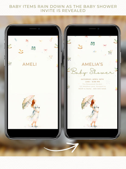 Animated Baby Shower Evite - Watercolour Rain Toys Invitation (Custom Instant Download Editable Canva Template) Digital Video Invite