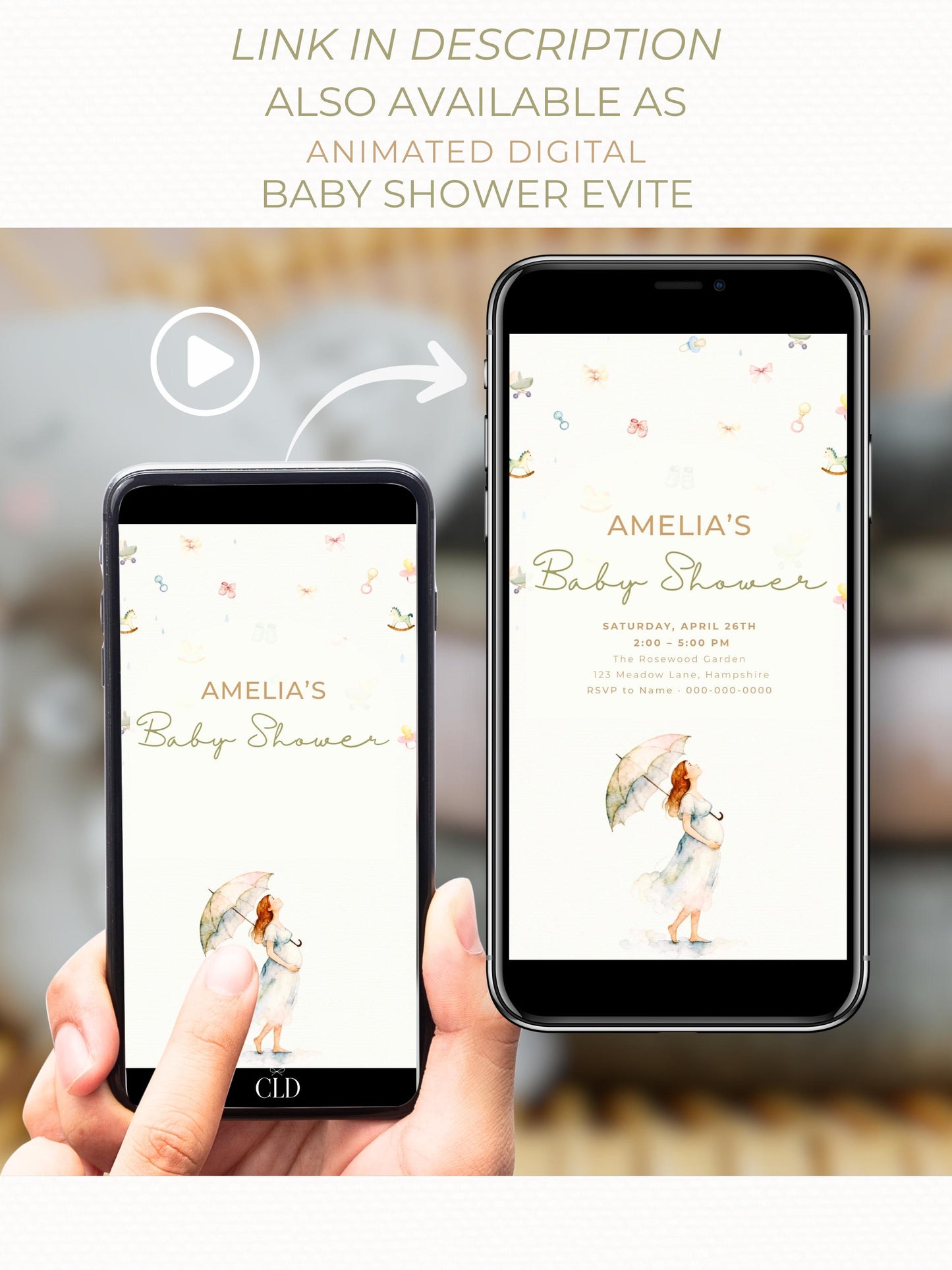 Printable Baby Shower Invitation- Watercolour Rain Toys Invite (Custom Instant Download Editable Canva Template) Digital Evite