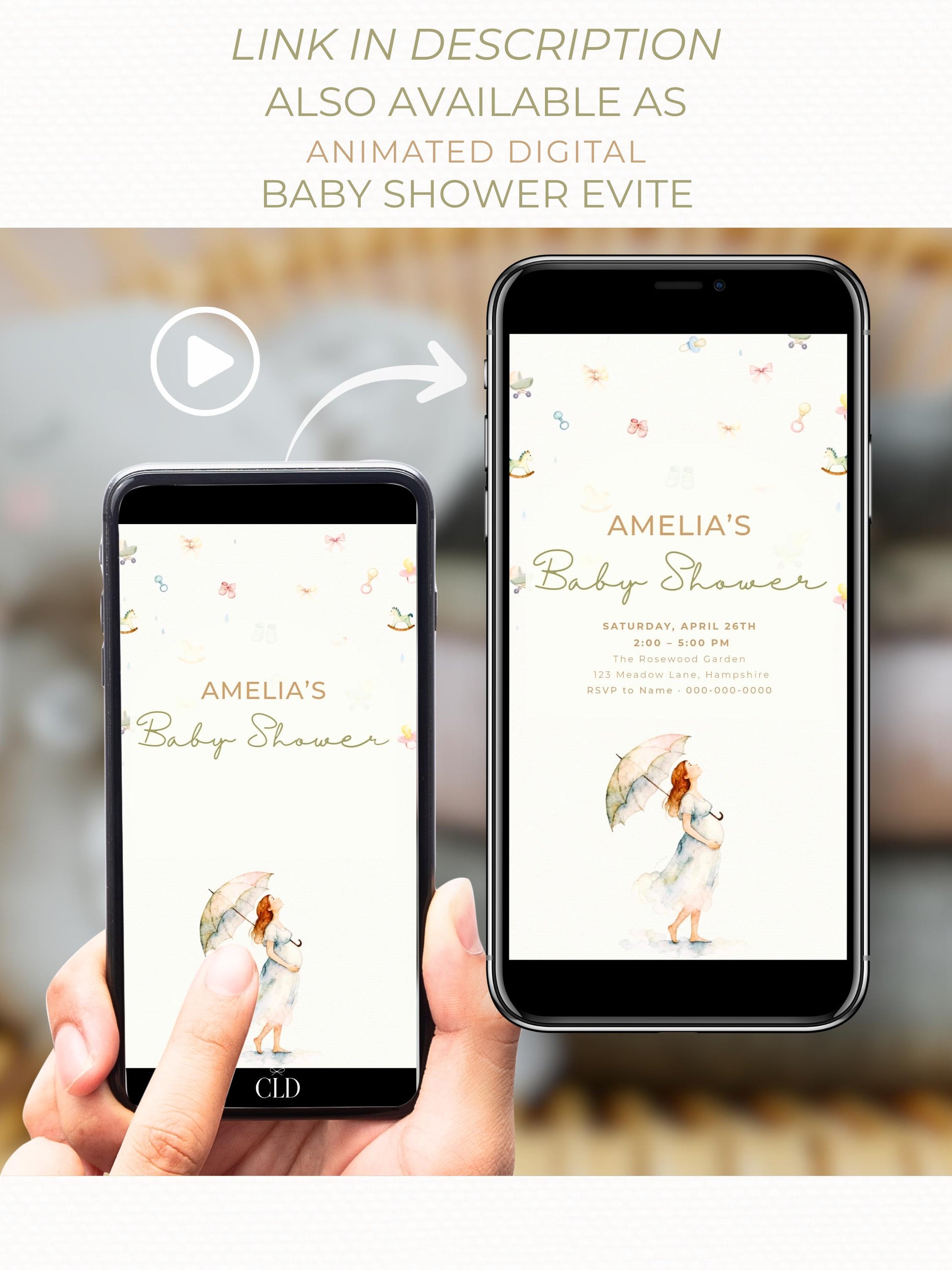 Printable Baby Shower Invitation- Watercolour Rain Toys Invite (Custom Instant Download Editable Canva Template) Digital Evite