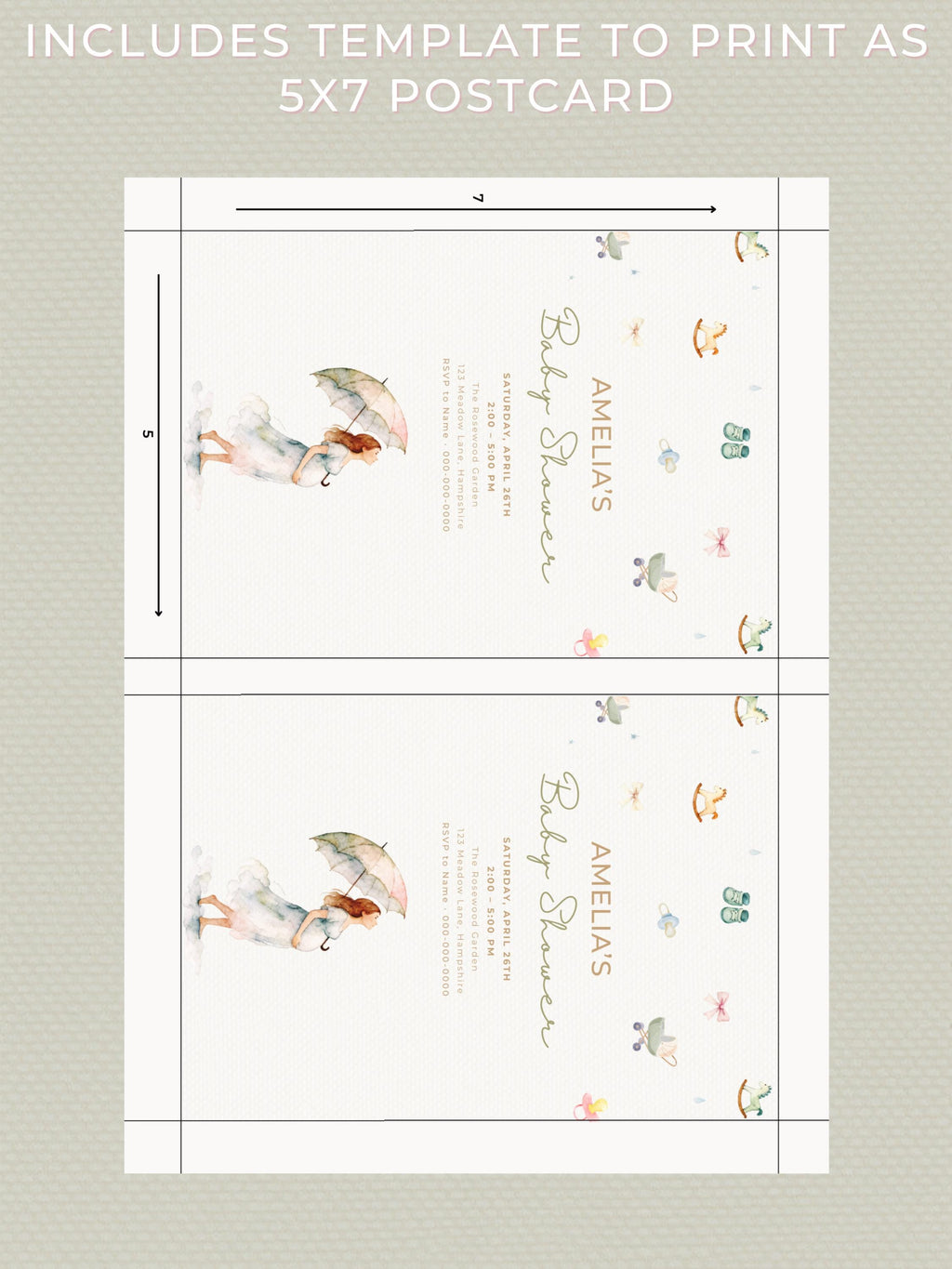 Printable Baby Shower Invitation- Watercolour Rain Toys Invite (Custom Instant Download Editable Canva Template) Digital Evite