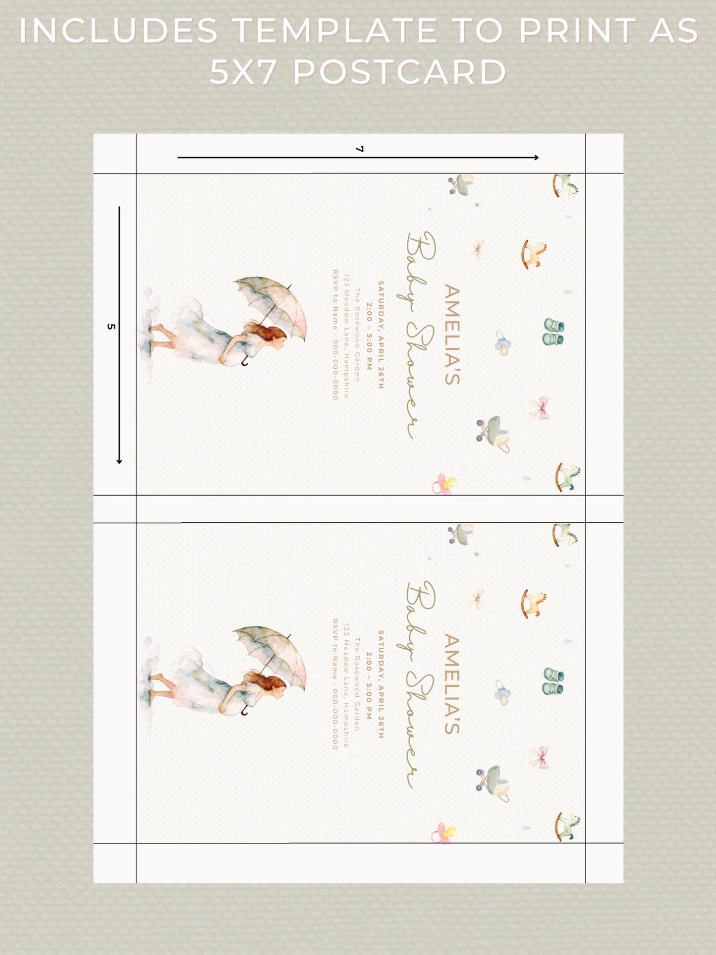 Printable Baby Shower Invitation- Watercolour Rain Toys Invite (Custom Instant Download Editable Canva Template) Digital Evite