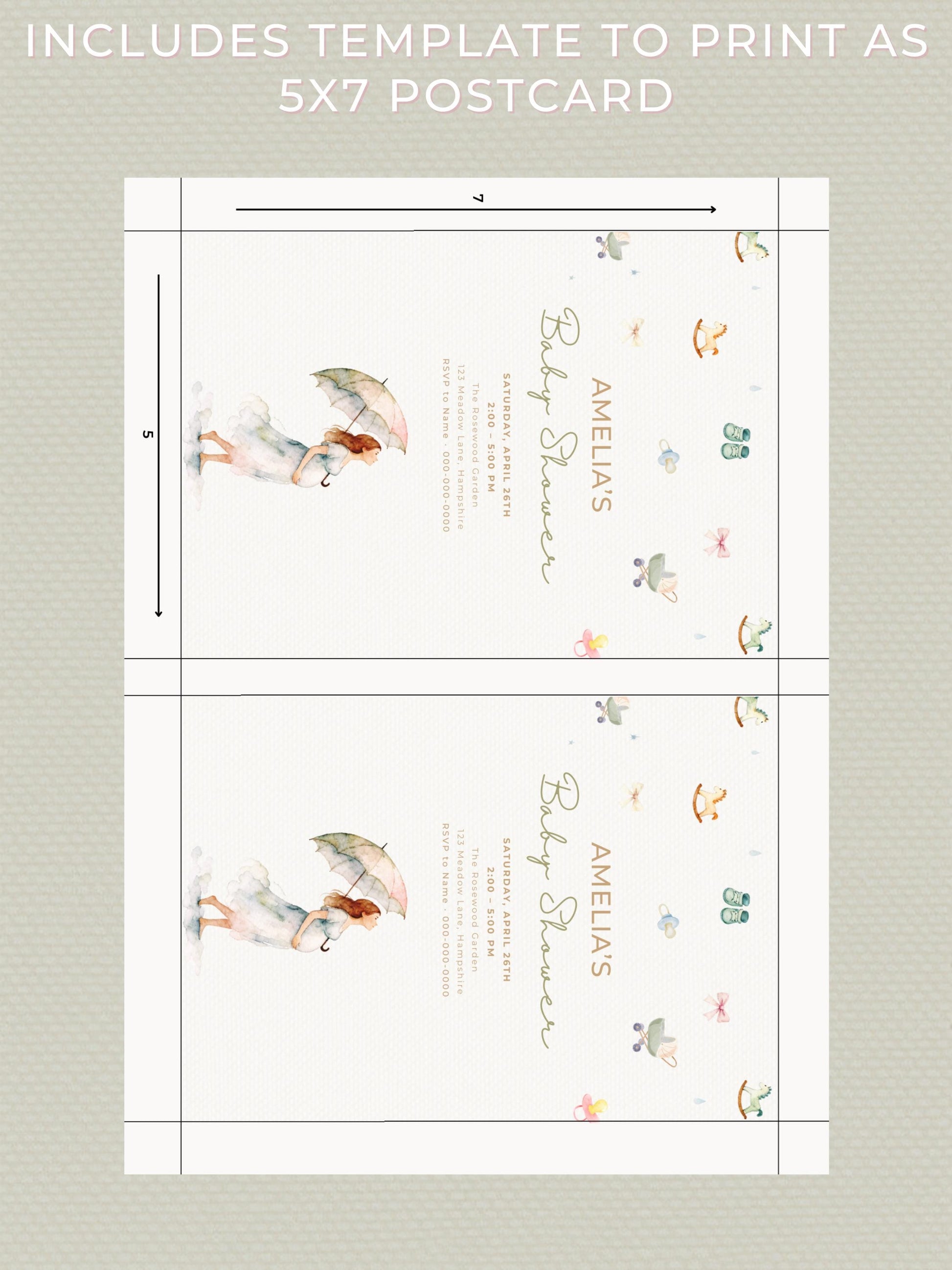 Printable Baby Shower Invitation- Watercolour Rain Toys Invite (Custom Instant Download Editable Canva Template) Digital Evite