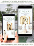Animated storybook wedding invitation displayed on a smartphone, showing a closed book opening into a romantic wedding aisle scene with a bride walking toward her groom, followed by a matching wedding details page, digital video invite designed for WhatsApp and mobile sharing.