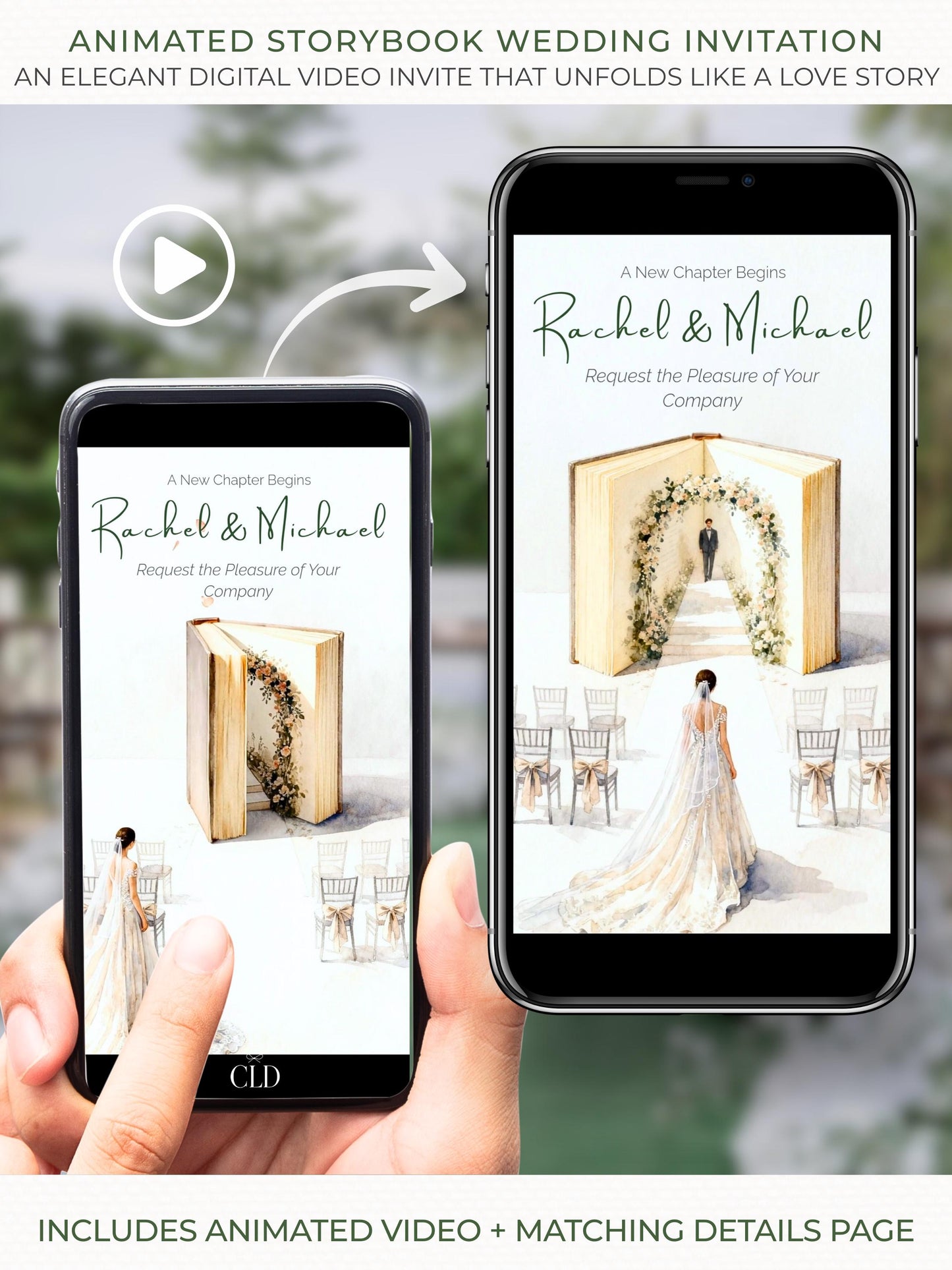 Animated storybook wedding invitation displayed on a smartphone, showing a closed book opening into a romantic wedding aisle scene with a bride walking toward her groom, followed by a matching wedding details page, digital video invite designed for WhatsApp and mobile sharing.