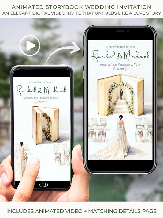 Animated storybook wedding invitation displayed on a smartphone, showing a closed book opening into a romantic wedding aisle scene with a bride walking toward her groom, followed by a matching wedding details page, digital video invite designed for WhatsApp and mobile sharing.