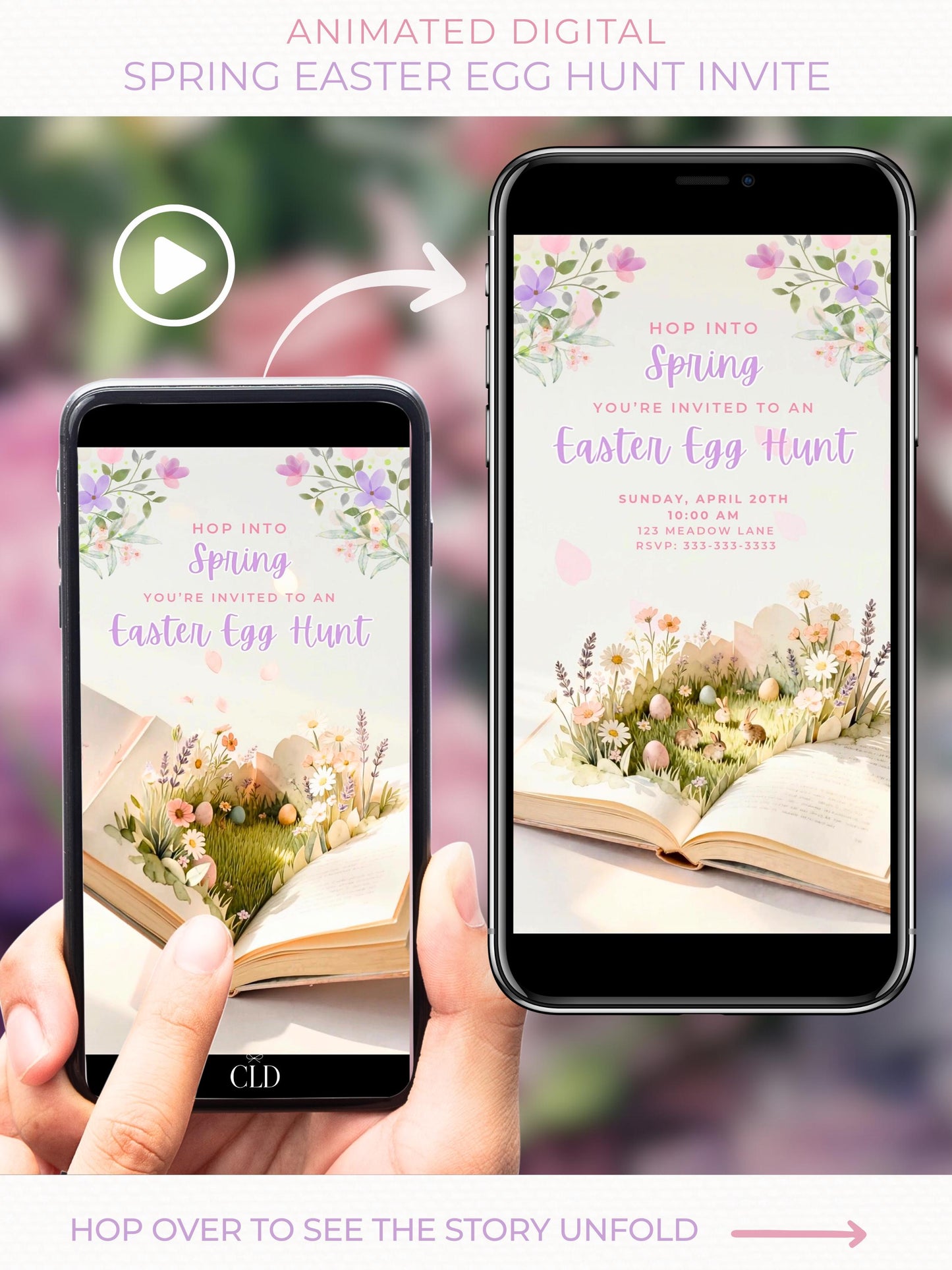 Animated Easter egg hunt invitation displayed on a smartphone, featuring a storybook opening to reveal spring flowers, hidden Easter eggs, and bunnies in a whimsical watercolor style.