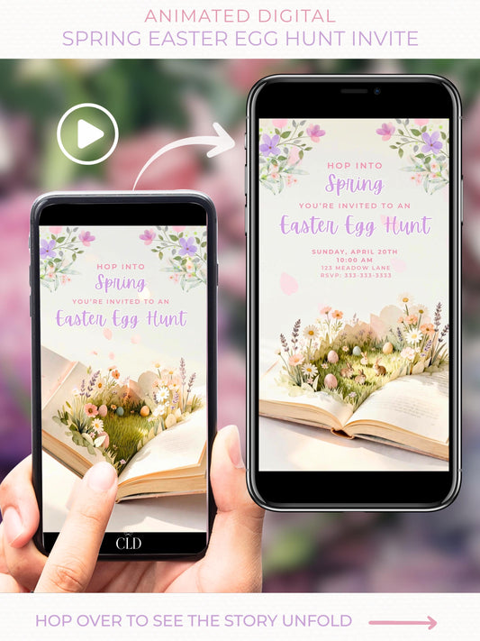 Animated Easter egg hunt invitation displayed on a smartphone, featuring a storybook opening to reveal spring flowers, hidden Easter eggs, and bunnies in a whimsical watercolor style.