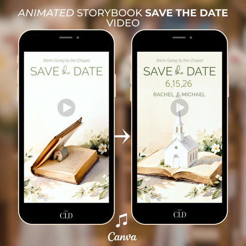 Animated storybook save the date video shown on two smartphones, featuring a closed book opening to reveal a white chapel pop-up illustration with wedding save the date text, designed as an elegant digital wedding announcement.