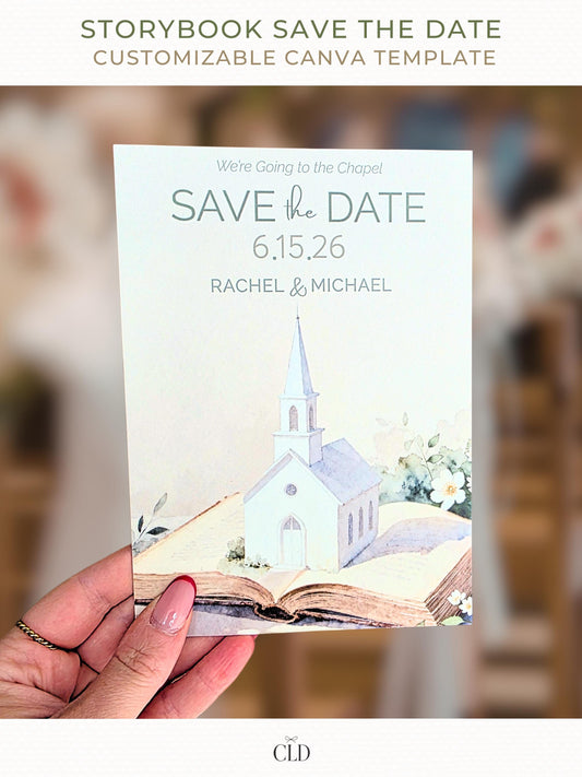 Printable Storybook Save the Date Card- “We’re Going to the Chapel” Digital Wedding Announcement (Editable Canva Template)