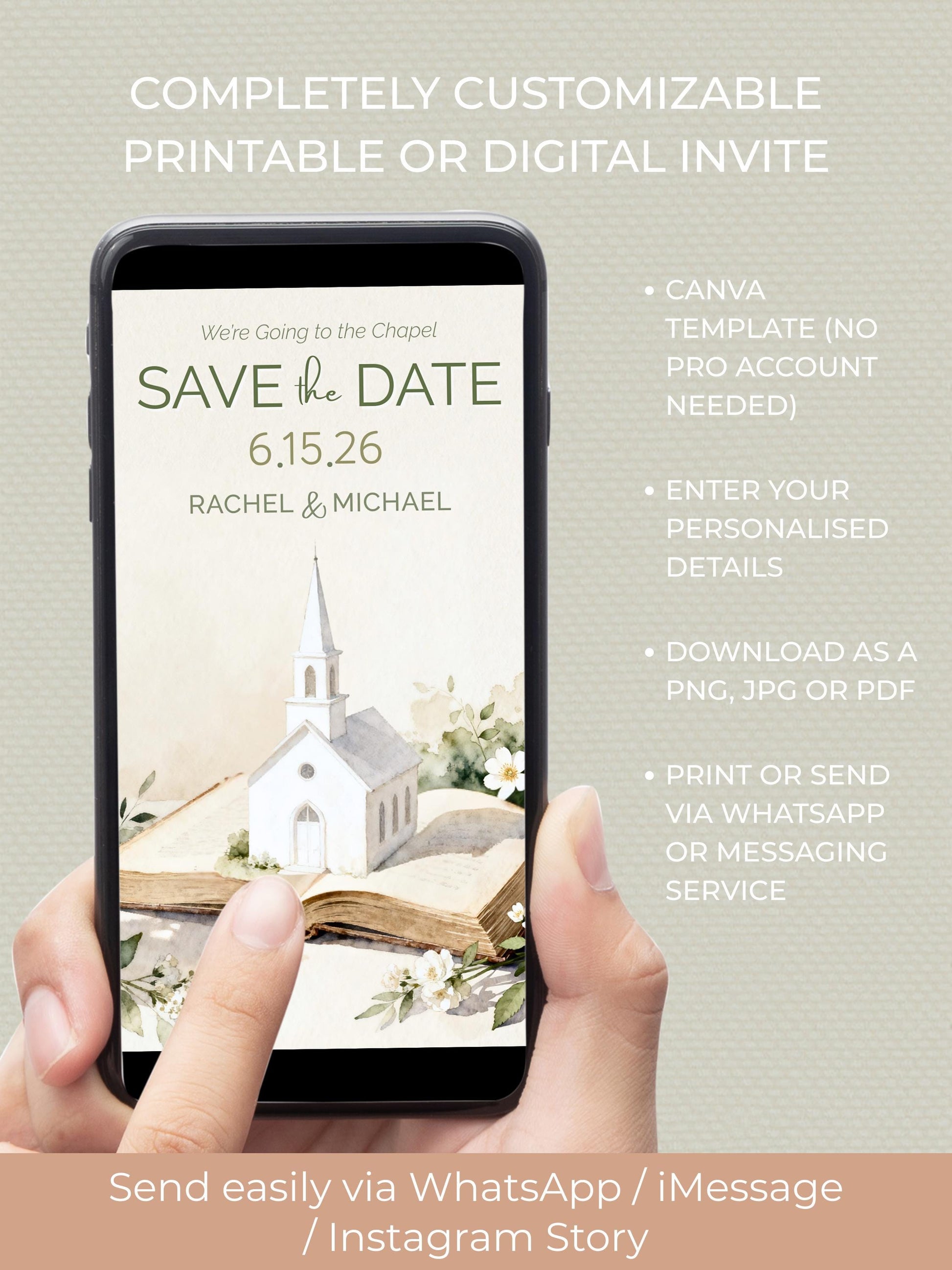 Printable Storybook Save the Date Card- “We’re Going to the Chapel” Digital Wedding Announcement (Editable Canva Template)