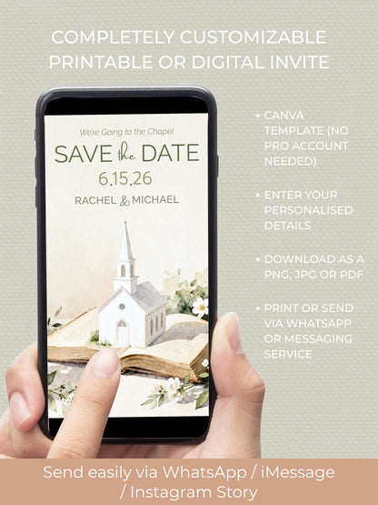 Printable Storybook Save the Date Card- “We’re Going to the Chapel” Digital Wedding Announcement (Editable Canva Template)