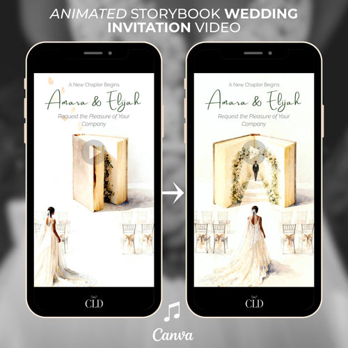 Animated Storybook Wedding Invitation Video, Romantic Book Opening Aisle Scene with Illustrated Couple, Editable Canva Evite
