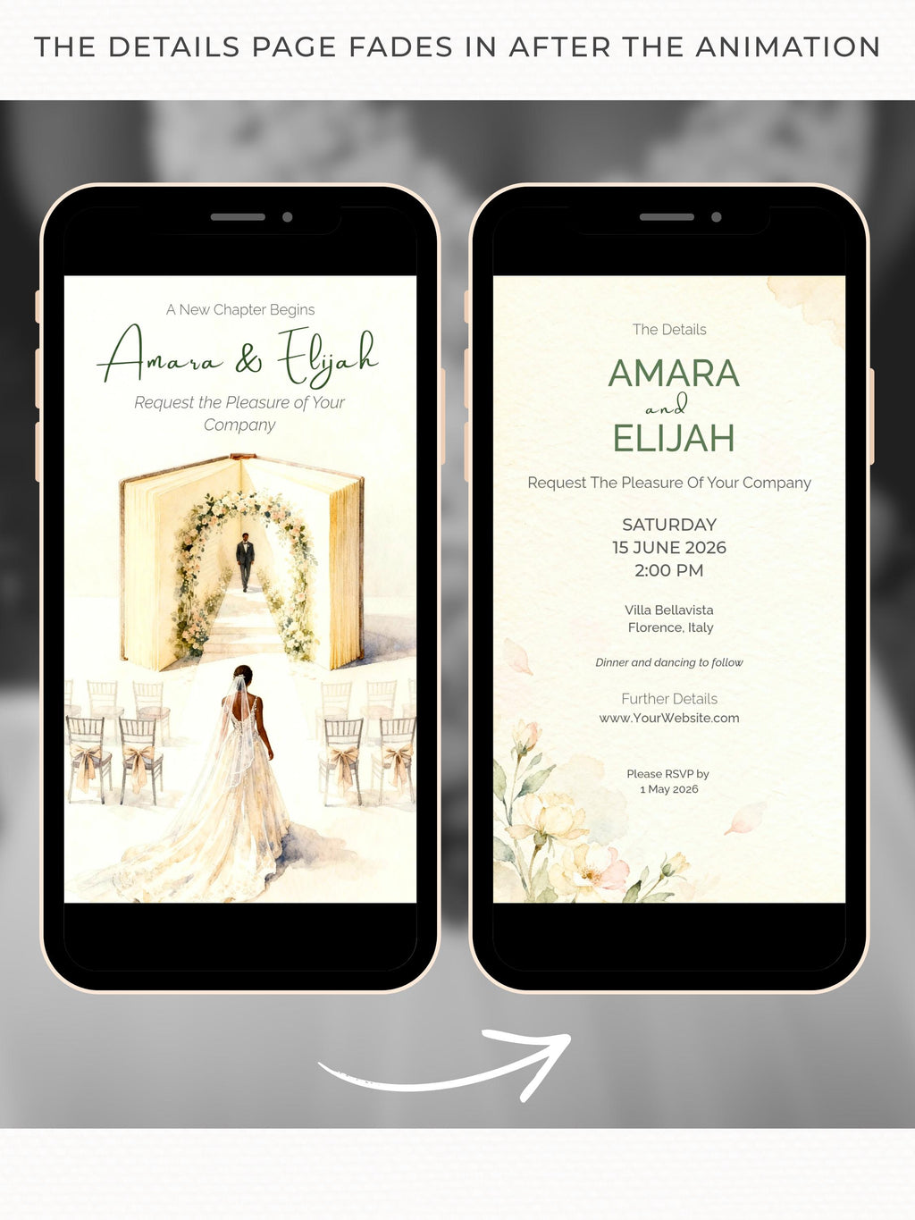 Animated Storybook Wedding Invitation Video, Romantic Book Opening Aisle Scene with Illustrated Couple, Editable Canva Evite