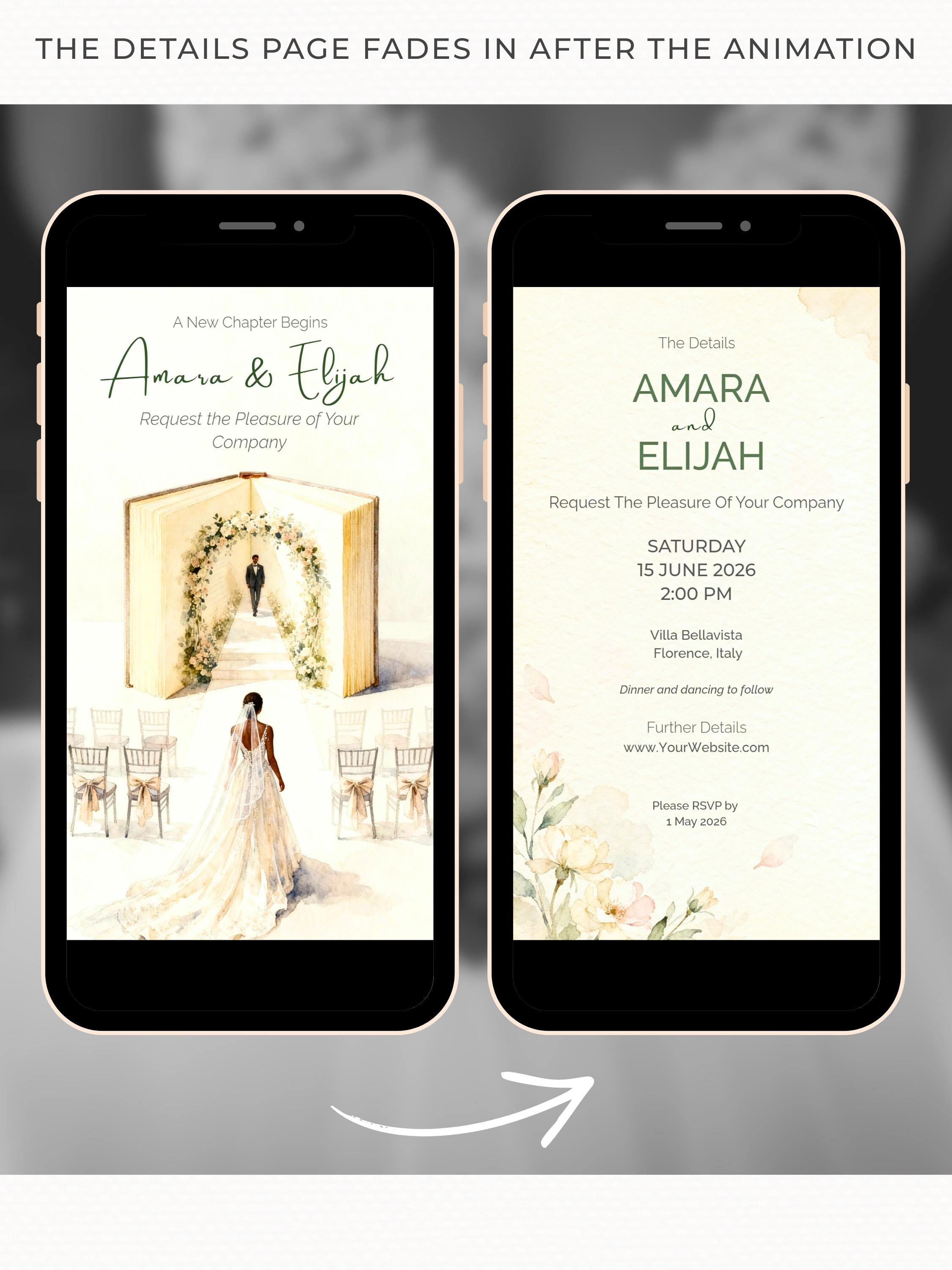 Animated Storybook Wedding Invitation Video, Romantic Book Opening Aisle Scene with Illustrated Couple, Editable Canva Evite