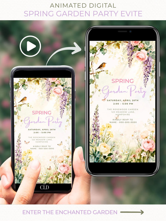 Animated spring garden party digital invitation displayed on mobile phones, featuring watercolor florals, butterflies, and pastel flowers, editable Canva video evite for WhatsApp and text messaging