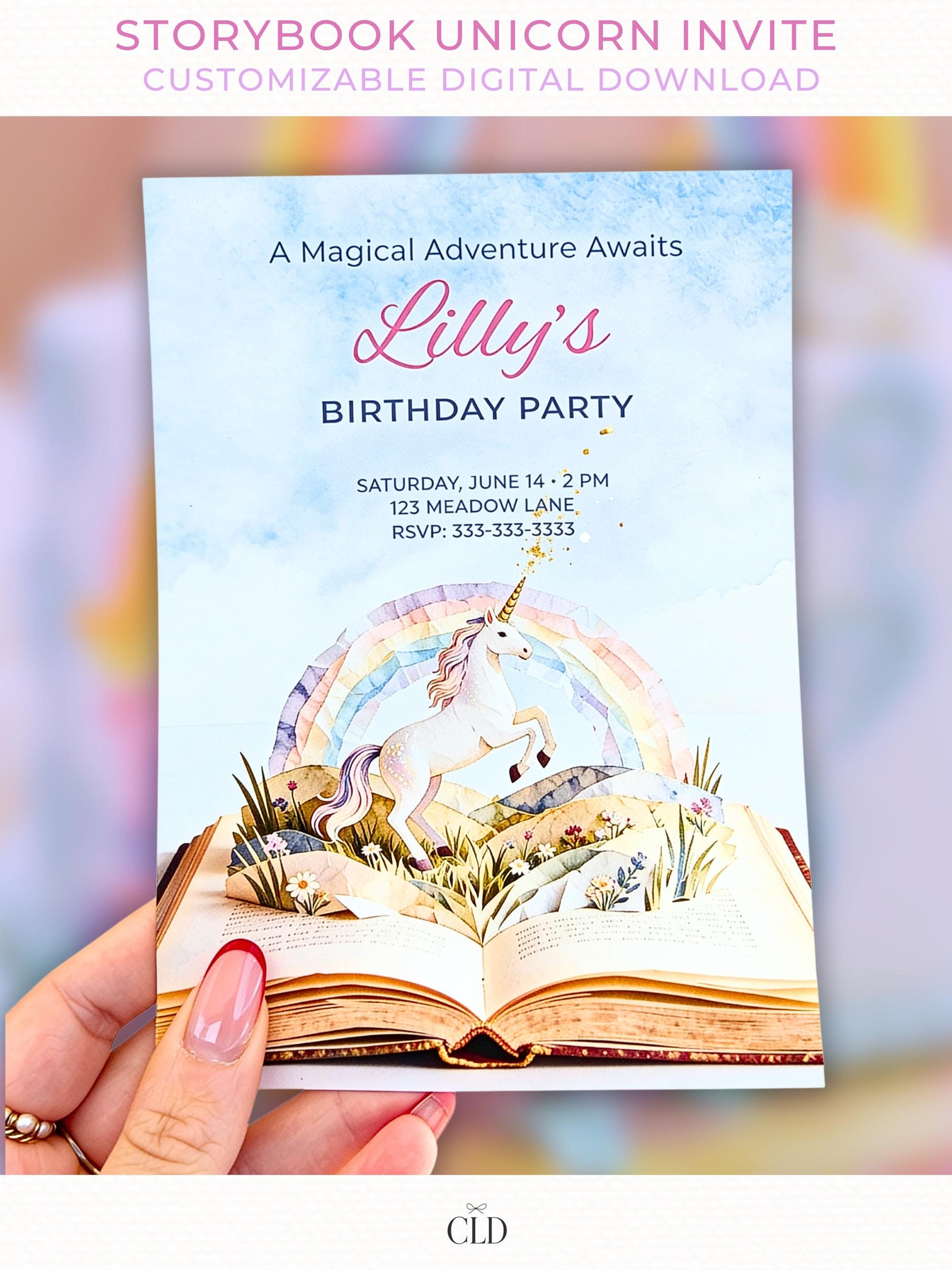 Printable storybook unicorn birthday invitation featuring a pop-up book illustration with a pastel rainbow and rearing unicorn, soft watercolor style, shown as an editable Canva template