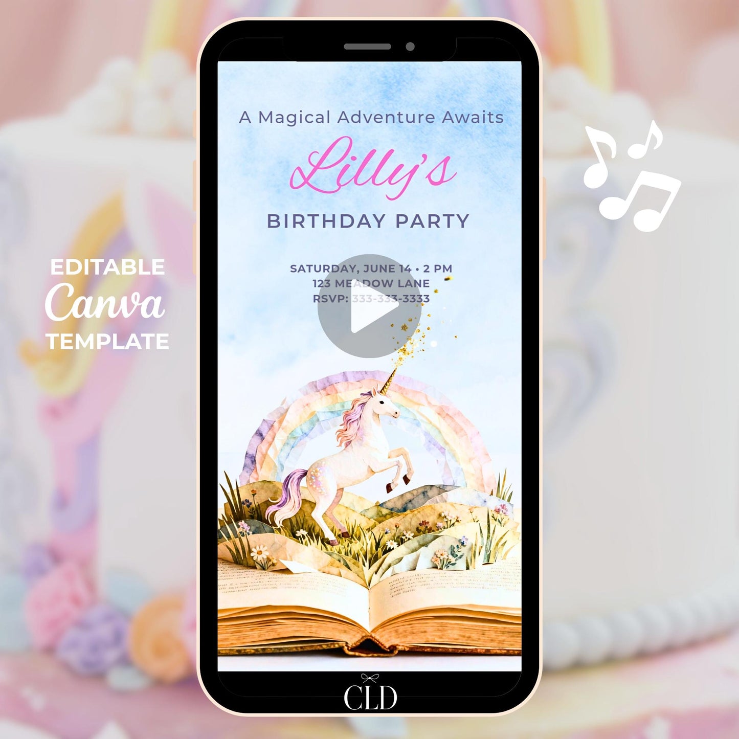Animated unicorn birthday invitation displayed on a smartphone screen, featuring a watercolor storybook opening to reveal a unicorn under a rainbow, with editable party details shown in a vertical Canva video invite.