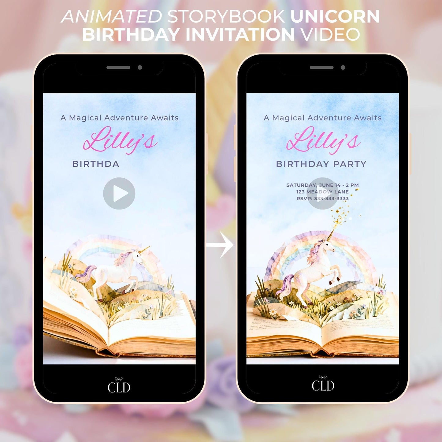 Animated storybook unicorn birthday evite displayed on a phone screen, showing a pastel unicorn rearing up in a rainbow meadow with sparkling magic, opening from a vintage pop-up book, designed as a magical digital birthday invitation.