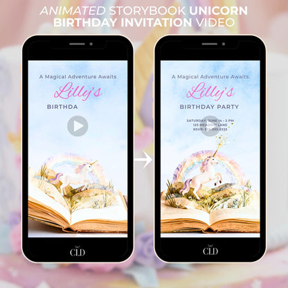 Animated storybook unicorn birthday evite displayed on a phone screen, showing a pastel unicorn rearing up in a rainbow meadow with sparkling magic, opening from a vintage pop-up book, designed as a magical digital birthday invitation.