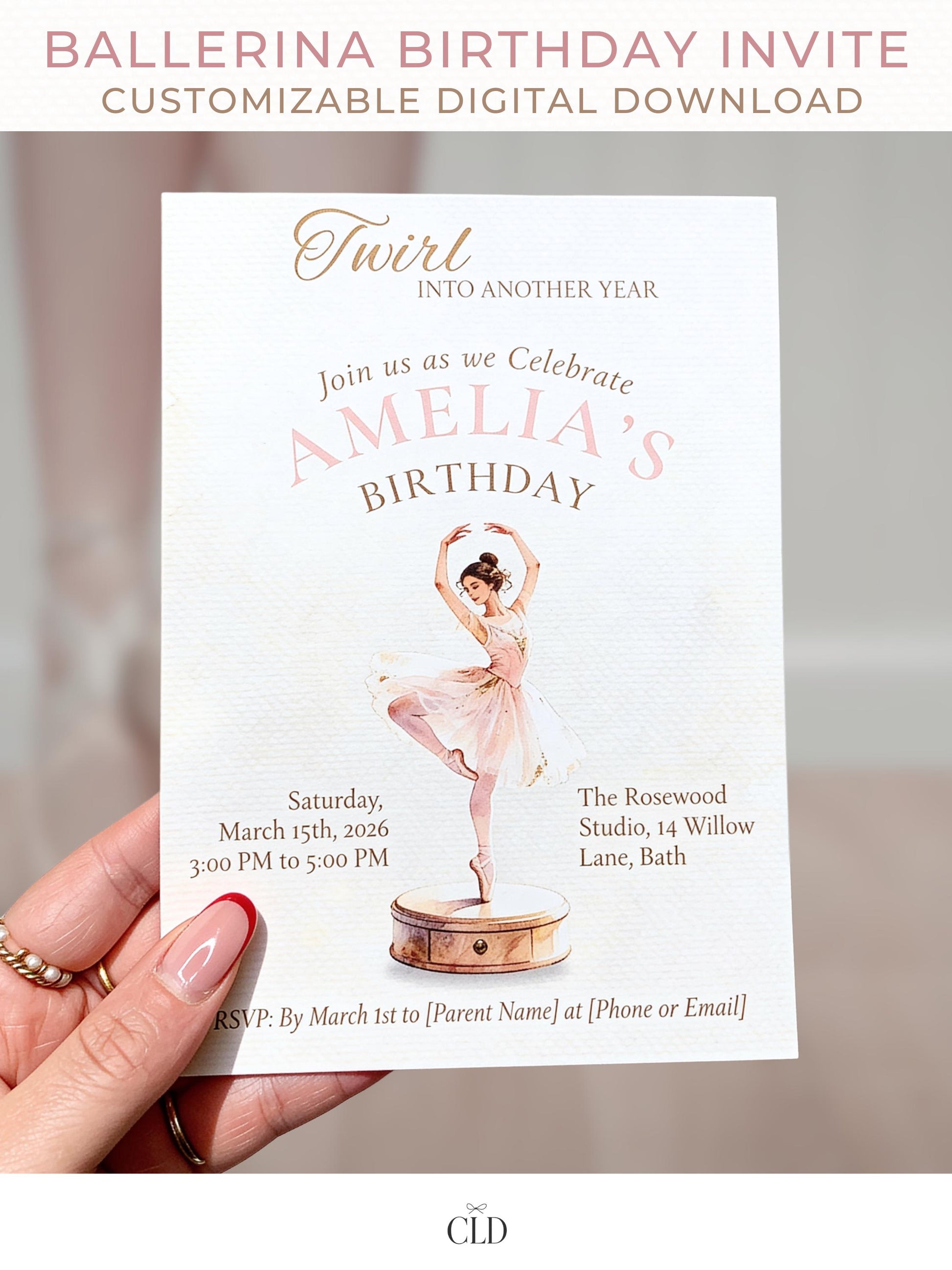 Elegant watercolor ballerina birthday invitation featuring a graceful dancer twirling atop a vintage music box stand, surrounded by soft beige and gold tones with the text “Twirl Into Another Year” and customizable event details displayed below. Printable Canva template designed for children’s ballet-themed birthdays