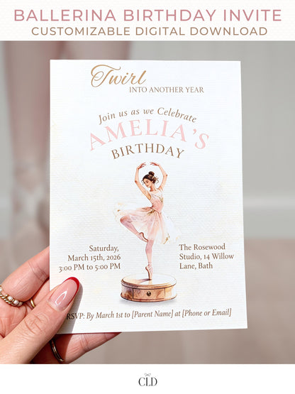 Elegant watercolor ballerina birthday invitation featuring a graceful dancer twirling atop a vintage music box stand, surrounded by soft beige and gold tones with the text “Twirl Into Another Year” and customizable event details displayed below. Printable Canva template designed for children’s ballet-themed birthdays