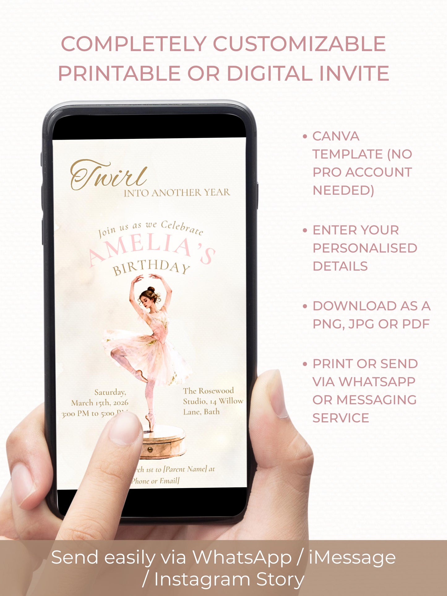 Ballerina Birthday Invitation-Dance Kids Party Invite (Custom Instant Download Canva Template) Elegant Music Box Ballet Girl Evite