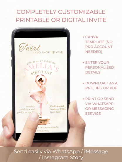 Ballerina Birthday Invitation-Dance Kids Party Invite (Custom Instant Download Canva Template) Elegant Music Box Ballet Girl Evite