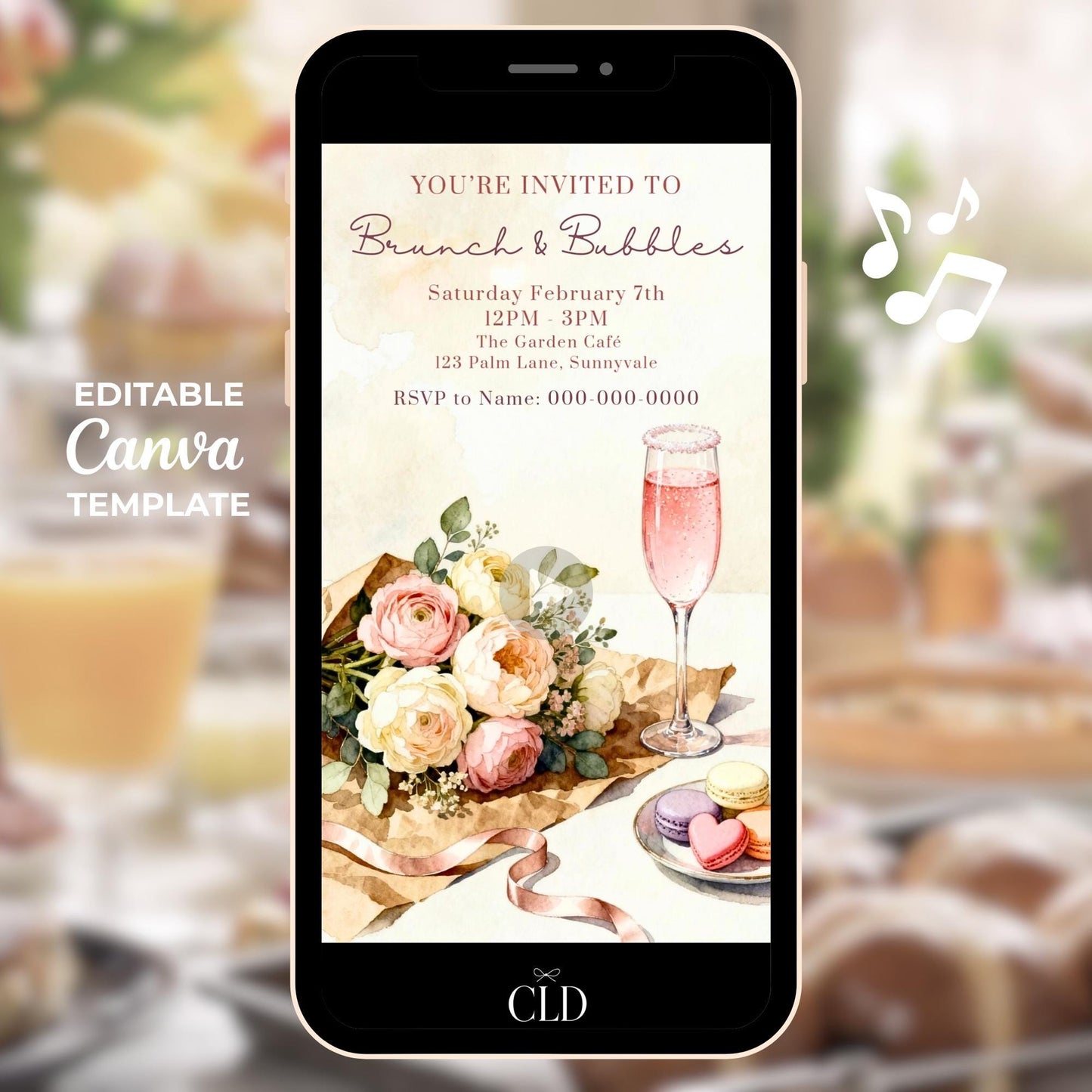 Animated brunch and bubbles invitation displayed on a smartphone screen, featuring a watercolor champagne flute, pastel florals, and macarons, with editable event details shown in a vertical Canva video invite.
