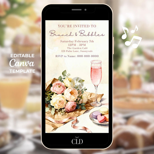 Animated brunch and bubbles invitation displayed on a smartphone screen, featuring a watercolor champagne flute, pastel florals, and macarons, with editable event details shown in a vertical Canva video invite.