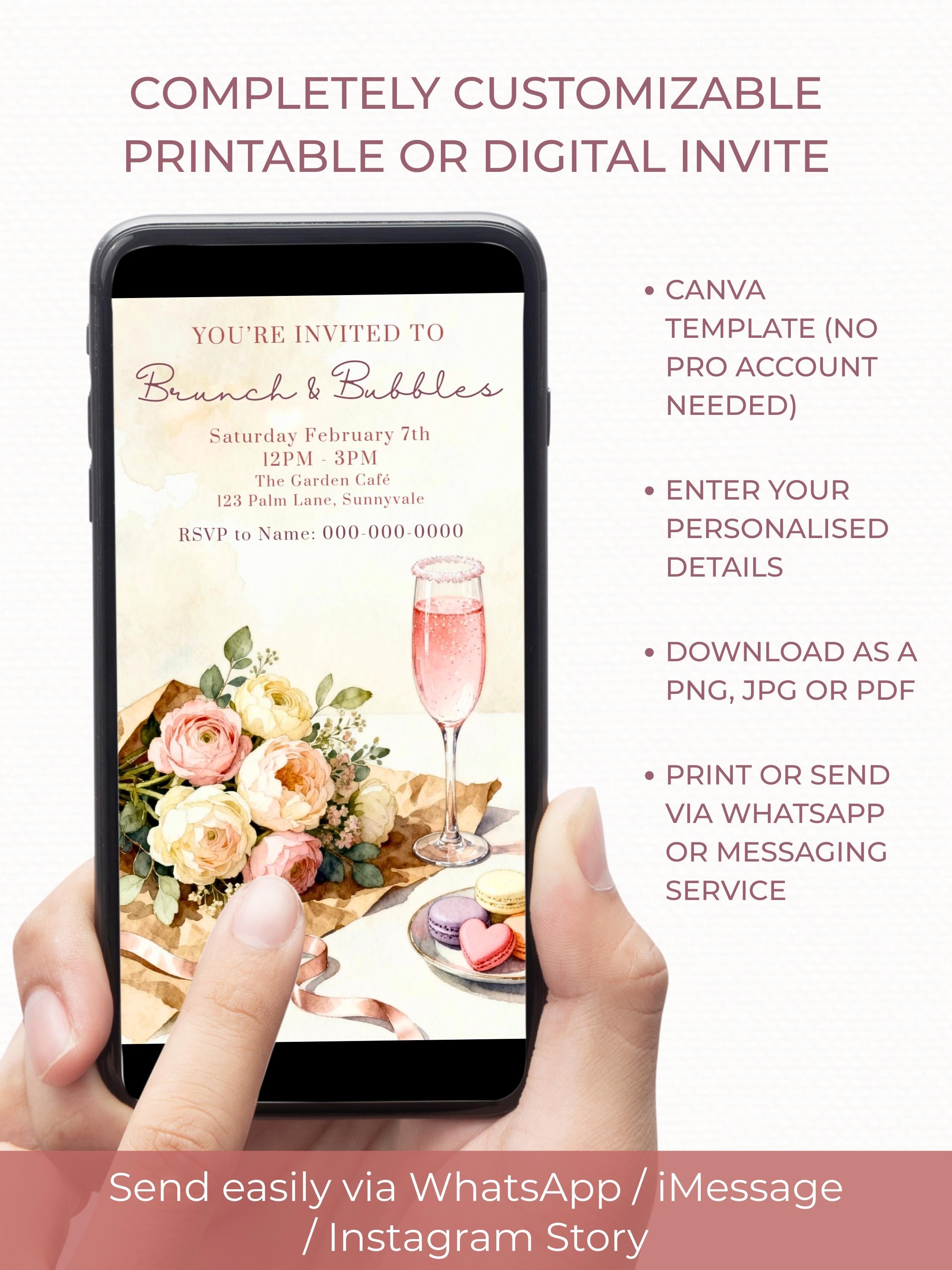 Printable Brunch & Bubbles Invitation - Custom Pink Floral Lunch Invite (Instant Download Editable Canva Template Evite)