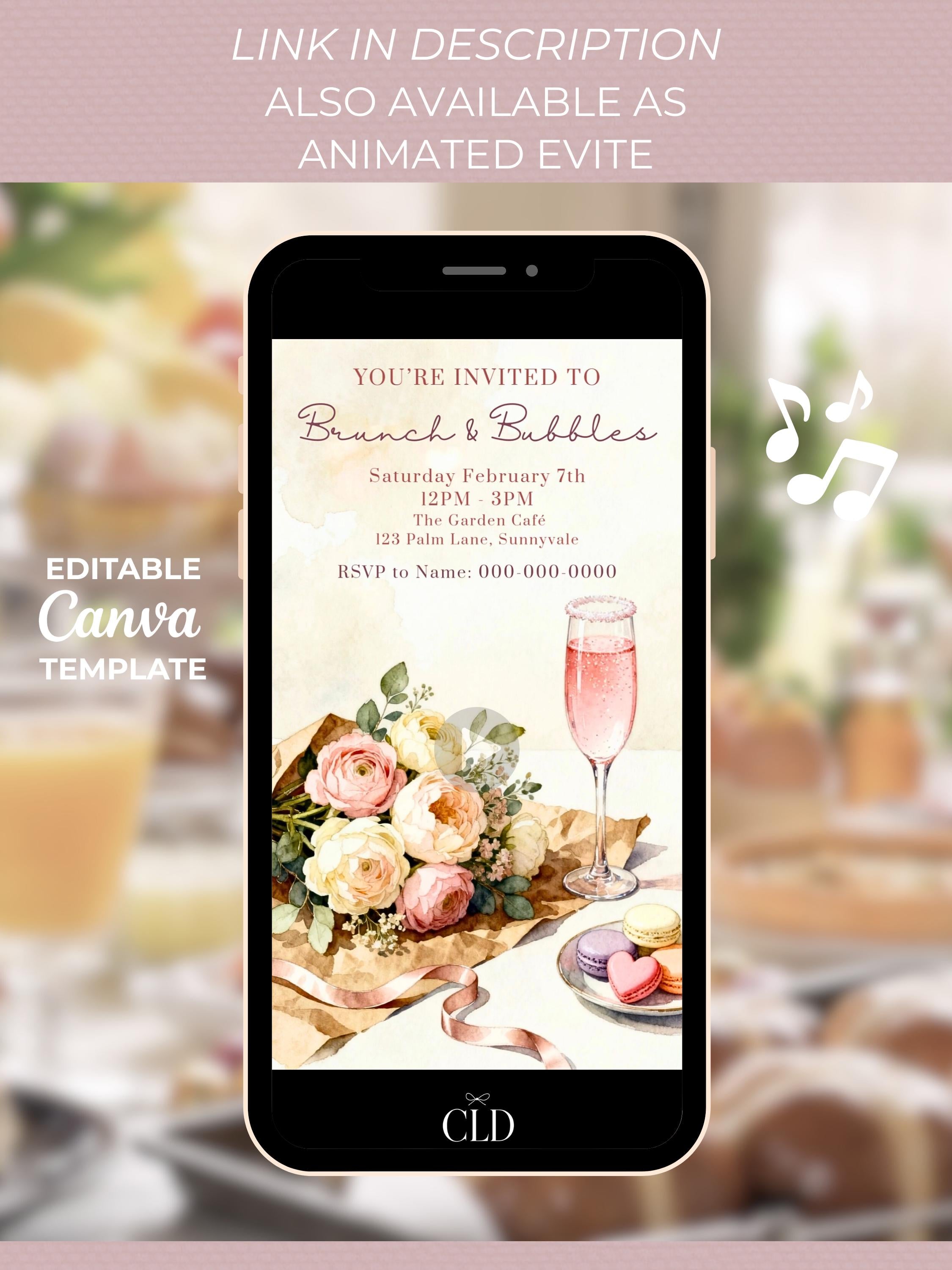 Printable Brunch & Bubbles Invitation - Custom Pink Floral Lunch Invite (Instant Download Editable Canva Template Evite)