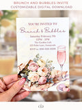 Printable brunch and bubbles invitation held in hand, featuring watercolor florals, a pink champagne flute, and elegant event details on a soft neutral background.