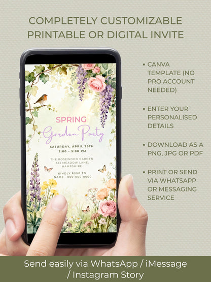 Printable Spring Garden Party Invite - Floral Brunch/Lunch Celebration Video Invitation (Editable Canva Digital Invite Evite)