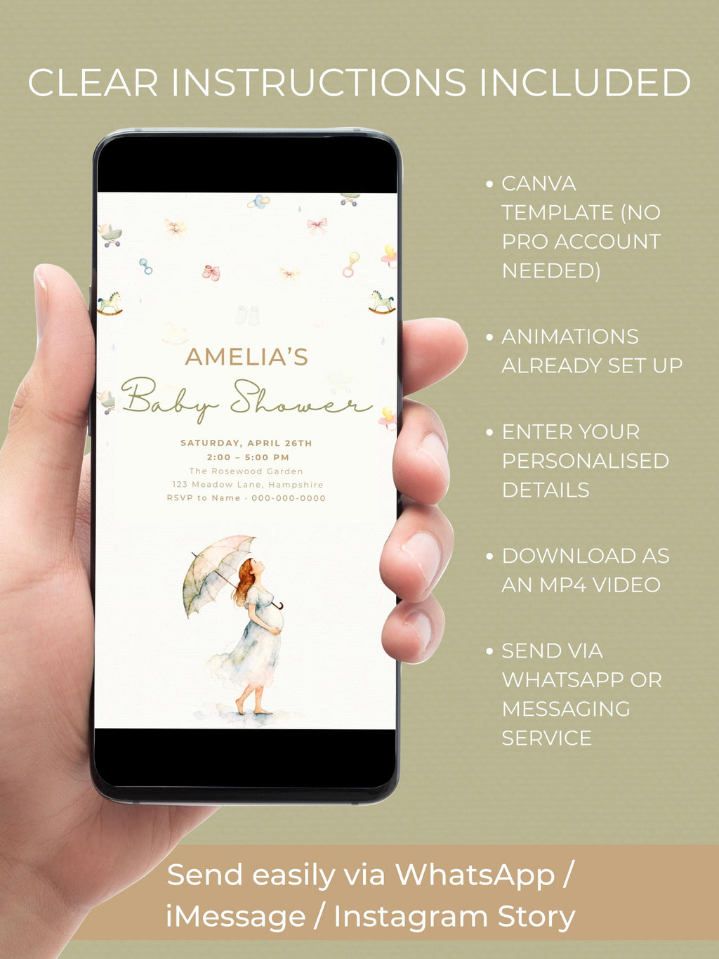 Animated Baby Shower Evite - Watercolour Rain Toys Invitation (Custom Instant Download Editable Canva Template) Digital Video Invite