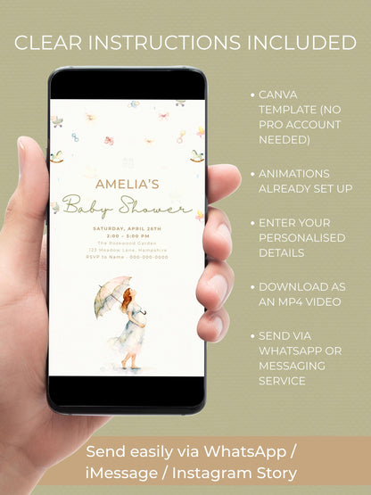 Animated Baby Shower Evite - Watercolour Rain Toys Invitation (Custom Instant Download Editable Canva Template) Digital Video Invite