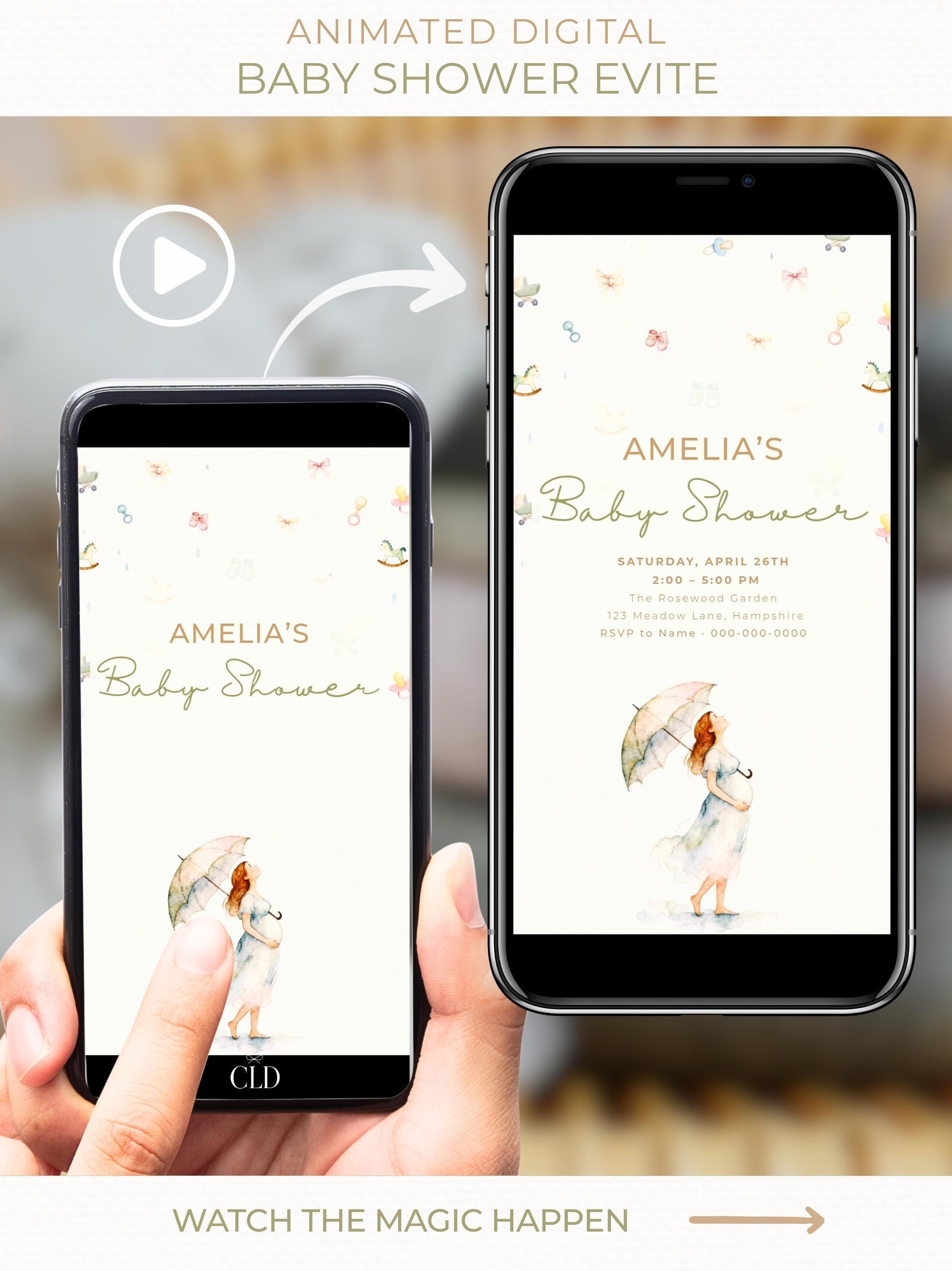 Animated baby shower evite shown on a mobile phone, featuring a soft watercolour illustration of a pregnant woman holding an umbrella, with baby items gently raining down above and elegant neutral text reading “Amelia’s Baby Shower.”