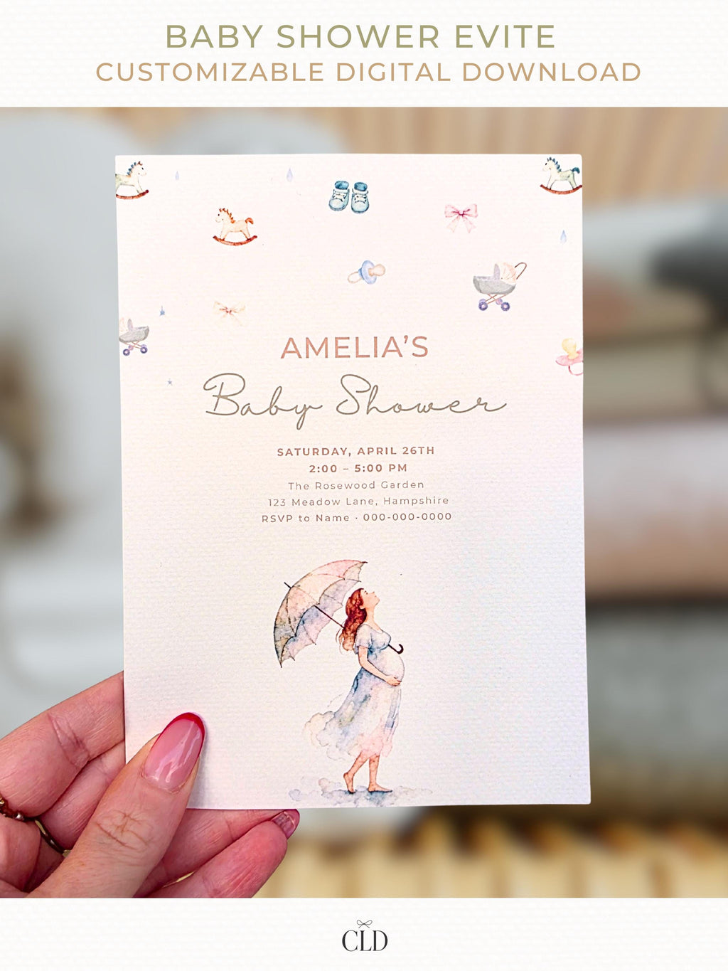 Printable Baby Shower Invitation- Watercolour Rain Toys Invite (Custom Instant Download Editable Canva Template) Digital Evite