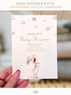 Printable Baby Shower Invitation- Watercolour Rain Toys Invite (Custom Instant Download Editable Canva Template) Digital Evite