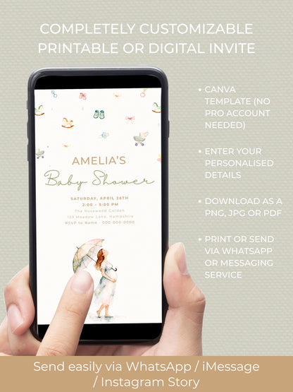Printable Baby Shower Invitation- Watercolour Rain Toys Invite (Custom Instant Download Editable Canva Template) Digital Evite