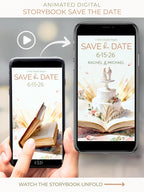 Animated storybook wedding save the date shown on a smartphone, featuring a watercolor book opening to reveal a wedding cake with bride and groom topper, soft neutral florals, and elegant typography.